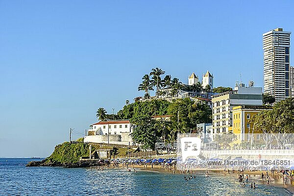 Voller Strand in sonnigen Tag mit ruhigem Meer im Sommer von Salvador Stadt in Bahia  Brasilien  Brasilien  Südamerika
