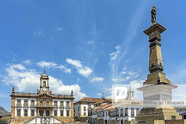 Central square of the old and famous city of Ouro Preto in Minas Gerais with its colonial-style houses  monuments and historic buildings.  Brasil