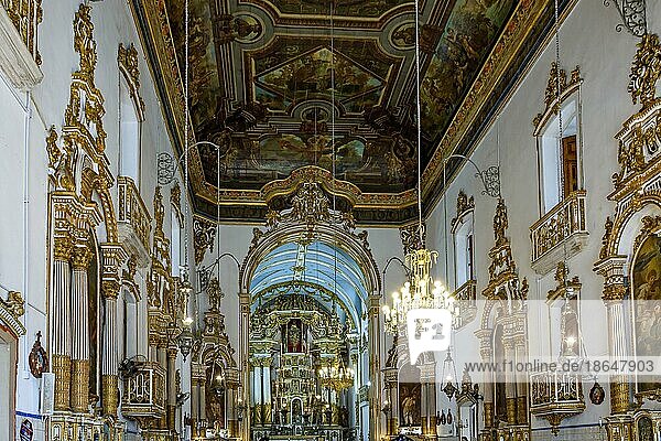 Interior and altar of the famous church of Bonfim in Salvador  Bahia decorated with baroque art and gold plated details  Brasil