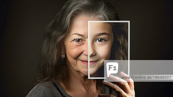 Ältere Frau mit faltiger Haut  die ein Foto von sich selbst als junges Mädchen mit perfekter Haut hält  generative AI