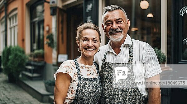 Middle-aged couple at the entrance of their new bakery shop in europe  generative AI