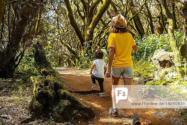 Mother and son walking in La Llania on El Hierro  Canary Islands. On a path of laurel from El Hierro in a lush green landscape