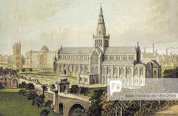 Cathedral  of Glasgow  Scotland  Great Britain  exterior view  garden  park  tower  city view  trees  coloured historical illustration from 1889