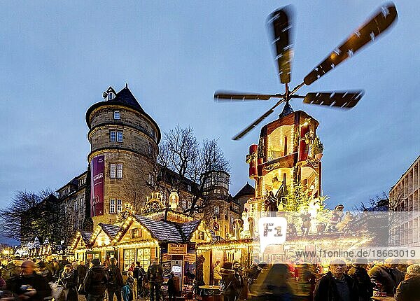 Christmas market  Erzgebirge smoked pyramid at the Old Castle with Christmas lighting  Stuttgart  Baden-Württemberg  Germany  Europe