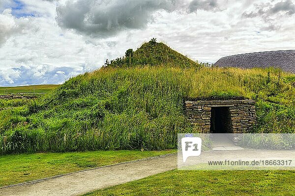 Entrance to prehistoric house  excavations at Skara Brae  Neolithic settlement  Mainland  Orkney Islands  Scotland  United Kingdom  Europe