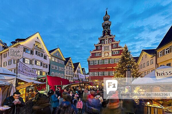 Mittelaltermarkt und Weihnachtsmarkt vor historischer Häuserkulisse  Weihnachtsbaum mit festlicher Beleuchtung  Esslingen  Baden-Württemberg  Deutschland  Europa