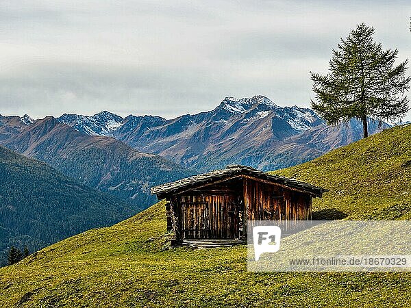 Hütte auf der Alm im Herbst mit dem Lasörling  Osttirol  Österreich  Europa