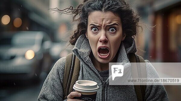 Delightedly surprised  shocked or horrified young adult female holding her coffeedelightedly surprised or horrified young adult female holding her coffee cup and walking outside  generative AI