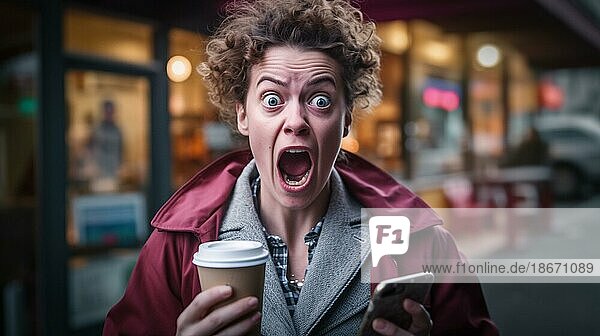 Delightedly surprised or horrified young adult female holding her coffee cup and cell phone walking outside  generative AI