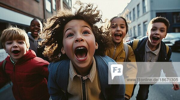 Fröhlich lachende multiethnische Kinder auf dem Weg zur Schule  generative KI