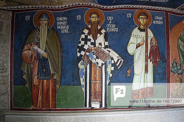 Historical frescoes from the 17th century  Serbian Orthodox Monastery Ostrog  upper building  Danilovgrad Province  Montenegro  Europe