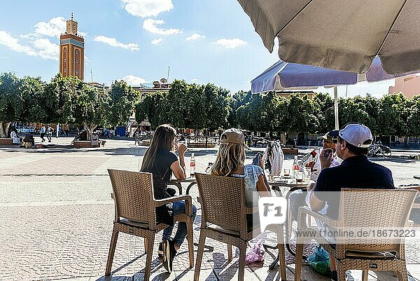 People sitting at cafe in main square  Place al Alouyane  Taroudant  Sous Valley  Morocco  north Africa  Africa