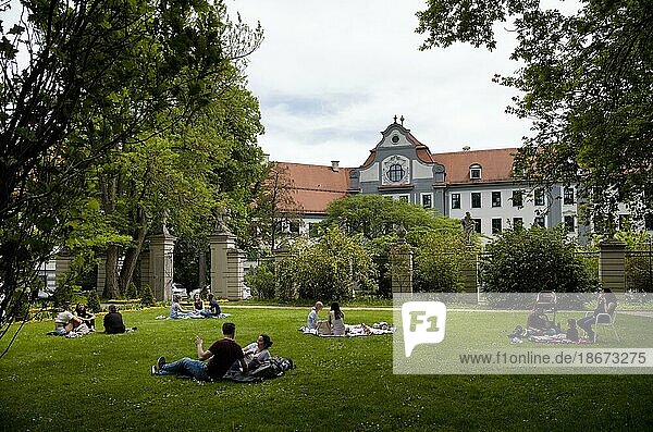 People enjoying the warm weather and relaxing in the Hofgarten  Augsburg  Bavaria  Germany  Europe