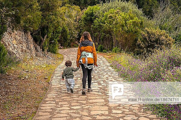 Mother and son on the trail up to the top of Garajonay in La Gomera  Canary Islands
