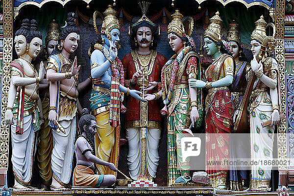 Sri Krishnan Hindu temple  Hindu deities on the Gopuram  Singapore  Southeast Asia  Asia