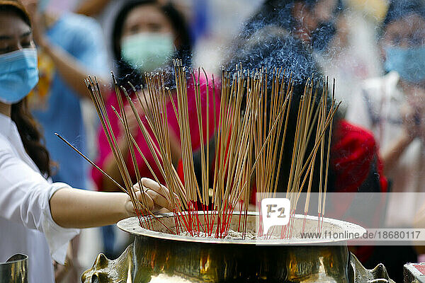 Sri Krishnan Hindu temple  incense sticks offered by devotees  Singapore  Southeast Asia  Asia
