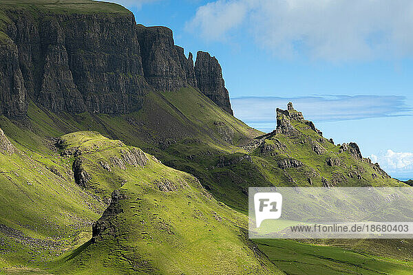 Scenic view of green landscape at Quiraing  Isle of Skye  Inner Hebrides  Highland Region  Scotland  United Kingdom  Eurppe