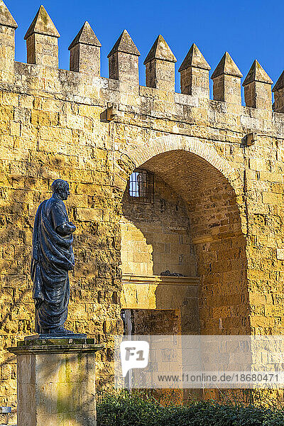 Statue of Seneca with the Almodovar Gate and Walls of Cordoba built in the Caliphate Period  Cordoba  Andalusia  Spain  Europe