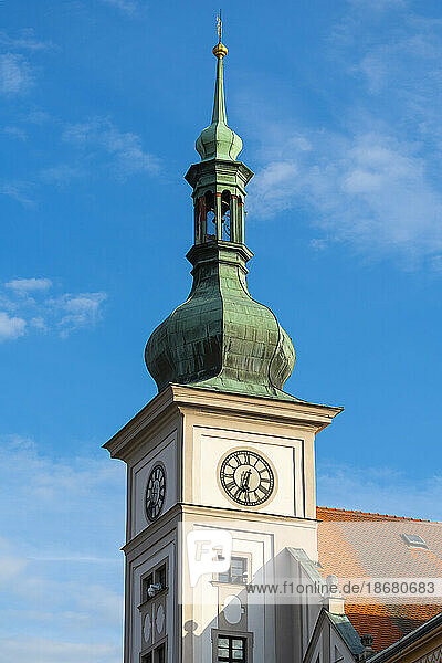 Detail of tower of Town Hall  Marketplace Square (TG Masaryk Square)  Loket  Czech Republic (Czechia)  Europe