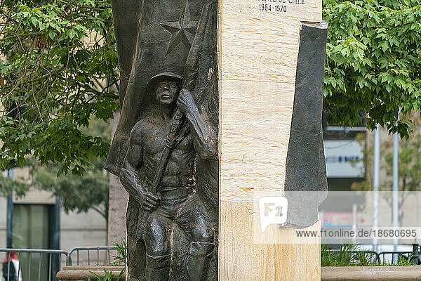 Statue of a soldier as part of statue of Chilean president Eduardo Frei Montalva at Plaza de la Constitucion in front of La Moneda palace  Santiago  Santiago Metropolitan Region  Chile  South America