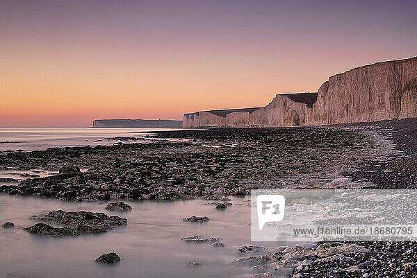 The Seven Sisters white chalk cliffs at sunset  Birling Gap  South Downs National Park  East Sussex  England  United Kingdom  Europe