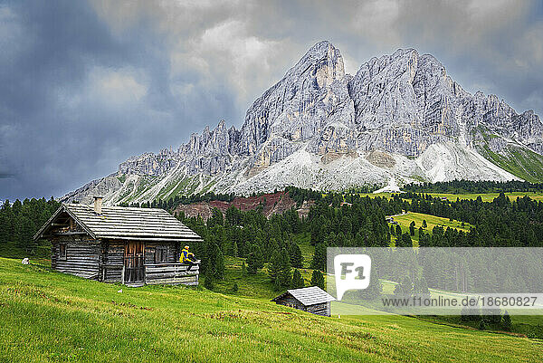 Side view of a hiker on chalet in green meadows admiring the rocky massif of Sass de Putia  Passo delle Erbe  Dolomites  Puez Odle  Bolzano district  South Tyrol  Italy  Europe