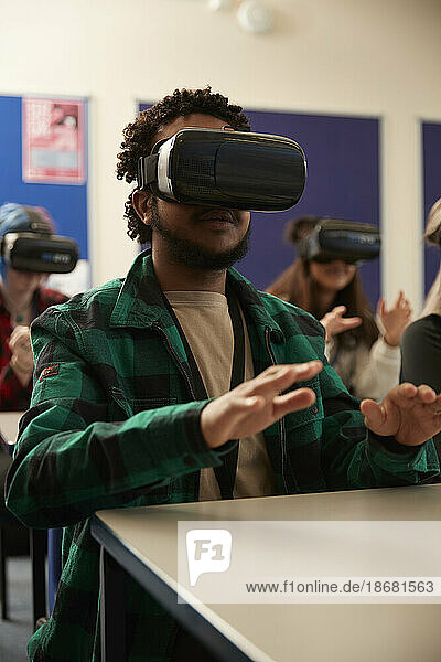 Students wearing VR headsets in class