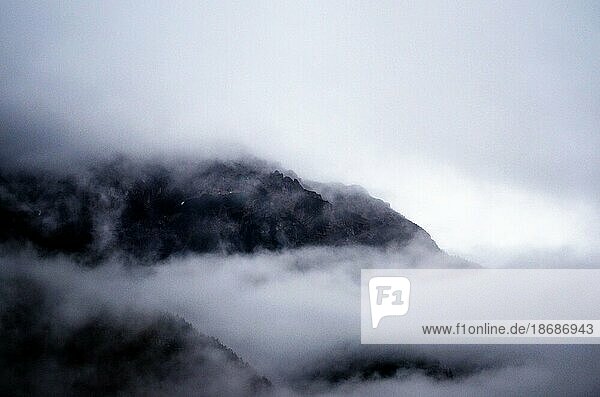 Nebel in den Bergen. Natur Hintergrund. Peak of Mountain in dichtem Nebel