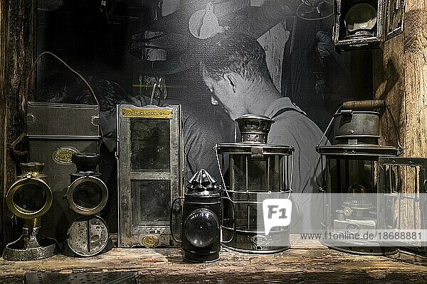 Collection of trench lanterns and portable kerosene lamps of First World War One tunnelling companies in the Memorial Museum Passchendaele 1917 at Zonnebeke  Belgium  Europe