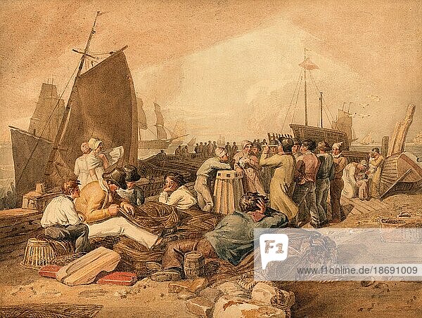 Wartende Leute mit Gepäck am Pier von Dover  um 1820  England  Historisch  digital restaurierte Reproduktion von einer Vorlage aus dem 19. Jahrhundert