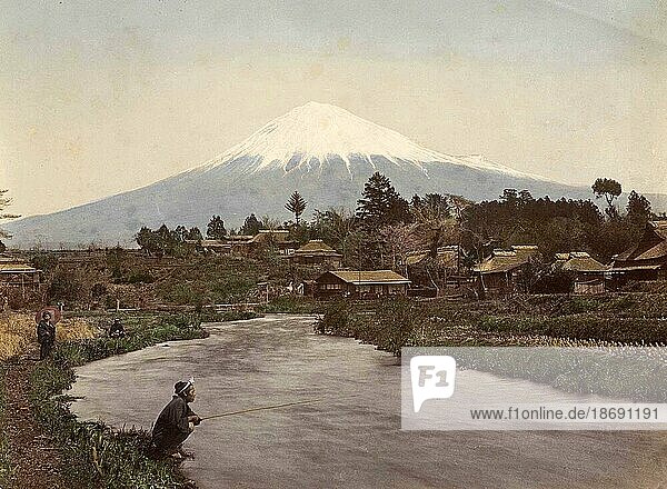 View of Mount Fuji from the village of Omiya  1890  Japan  Historic  digitally restored reproduction from an original of the time  Asia