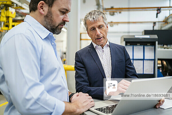 Businessman planning with manager over laptop at factory