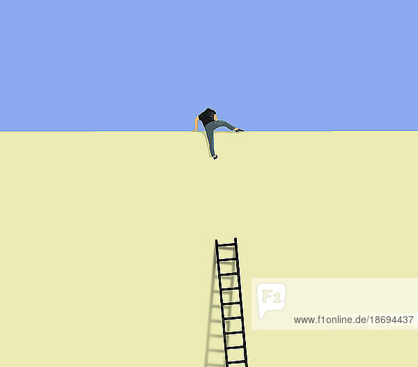 Illustration of man climbing over tall wall