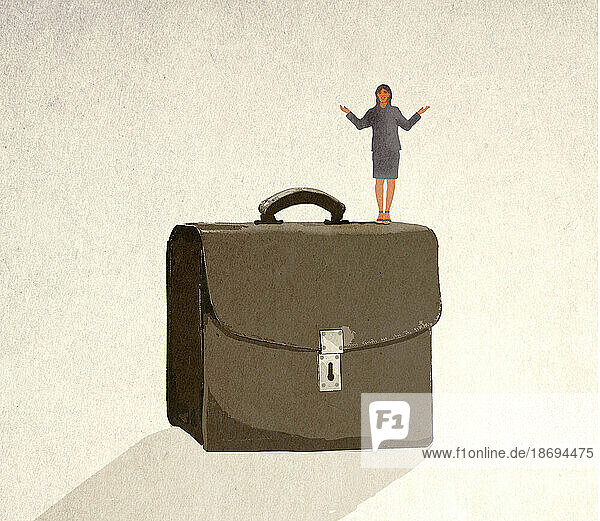 Illustration of businesswoman standing on top of oversized briefcase