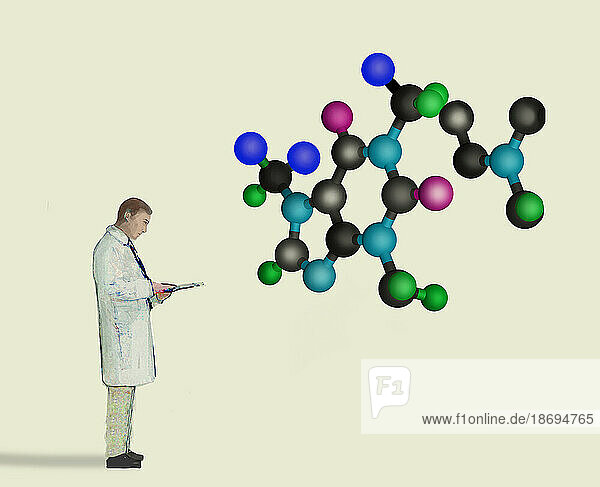 Illustration of scientist studying oversized molecules