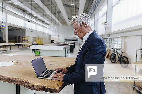Businessman using laptop on workbench in factory