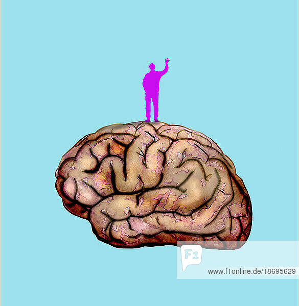 Illustration of man standing on top of large brain
