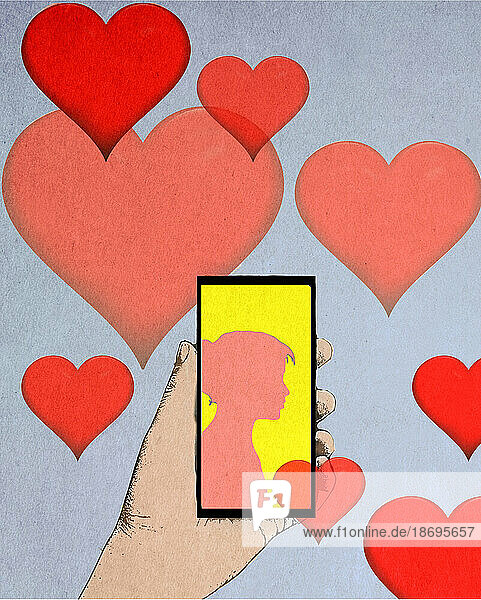 Illustration of hearts floating over hand of person holding smart phone displaying silhouette of woman