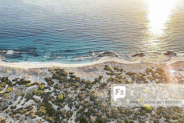 Spain  Balearic Islands  Formentera  Drone view of Mediterranean beach at sunset