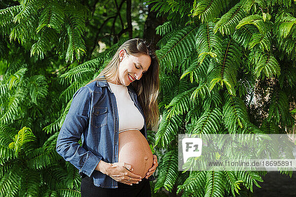 Smiling pregnant woman with hands on stomach standing in front of tree