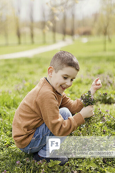 Smiling boy holding flowers crouching in park