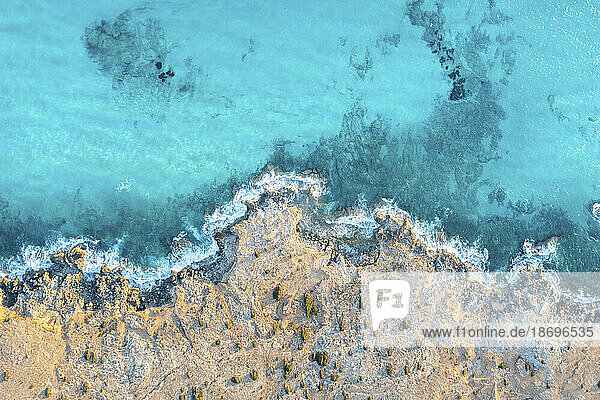 Spain  Balearic Islands  Formentera  Drone view of turquoise seashore