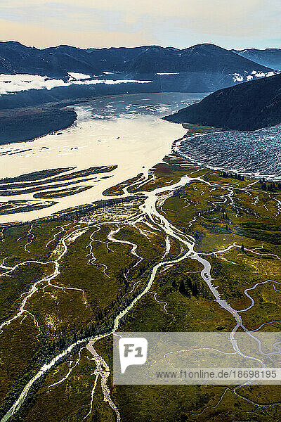 An aerial view of the glaciers of Taku Inlet in Alaska.