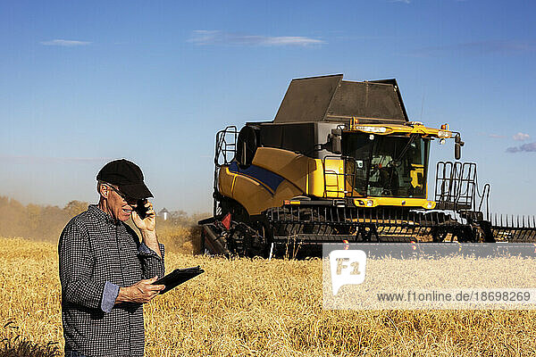 Farmer using a tablet to manage his harvest and talking on his cellphone with a combine working in the background; Alcomdale  Alberta  Canada