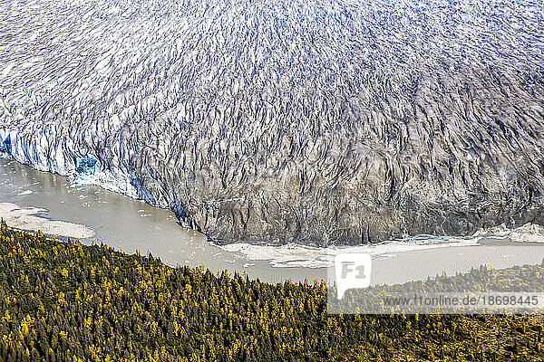 An aerial view of the glaciers of Taku Inlet in Alaska.