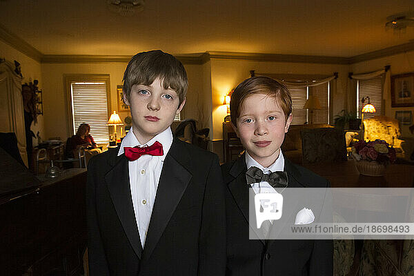 Portrait of two young boys dressed in formal attire; Lincoln  Nebraska  United States of America