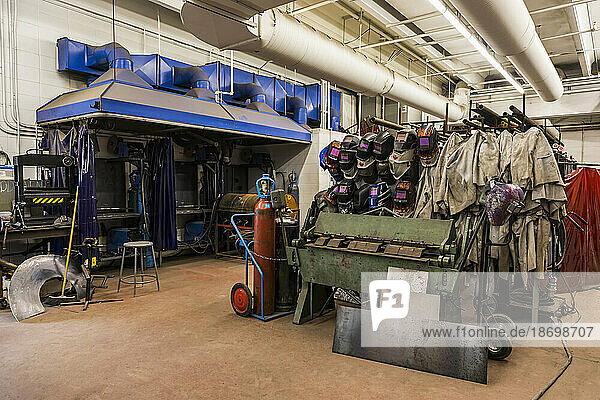 Welding shop in a recently renovated and upgraded rural high school; Namao  Alberta  Canada