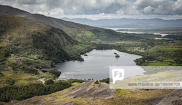 Scenic view from Healy Pass of the countryside surrounding Glanmore Lake on the Beara Peninsula; County Kerry  Ireland