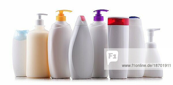 Plastic contaiers of shampoos and shower gels isolated on white background