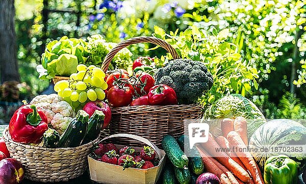 Vielfalt an frischem Biogemüse und Obst im Garten. Ausgewogene Ernährung